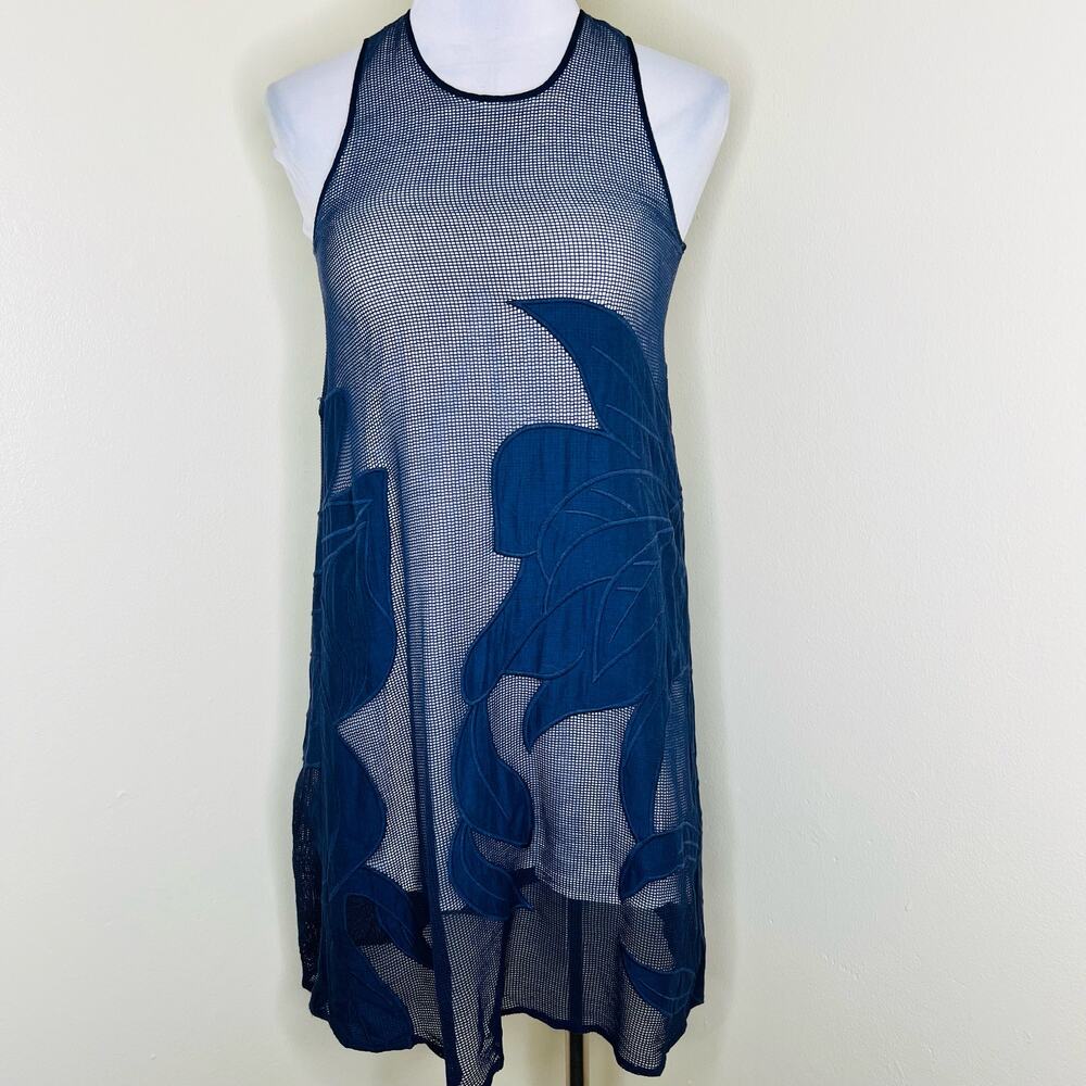 Anthropologie Hutch Swing Tank Dress XXS Navy Blue Fishnet Mesh Embroidered Mini